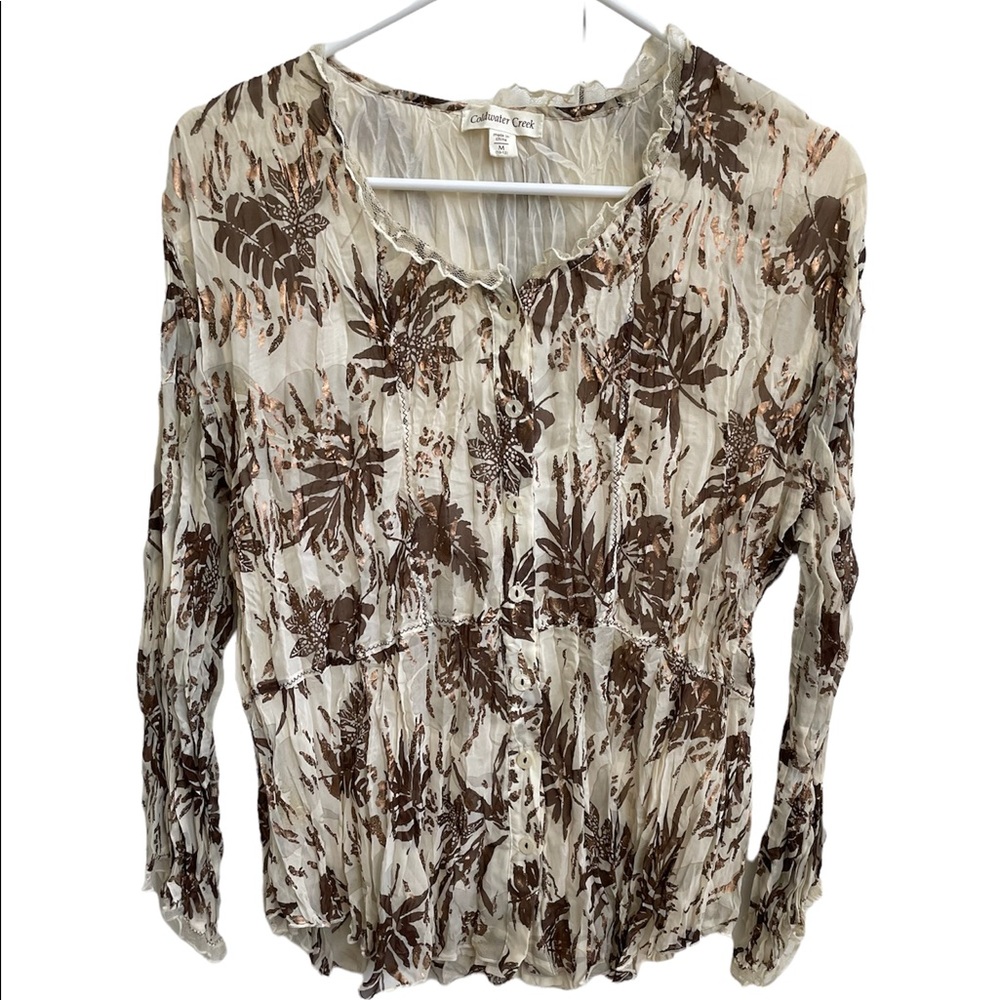 Coldwater Creek blouse top long sleeve blouse crinkle beige gold brown Sz M